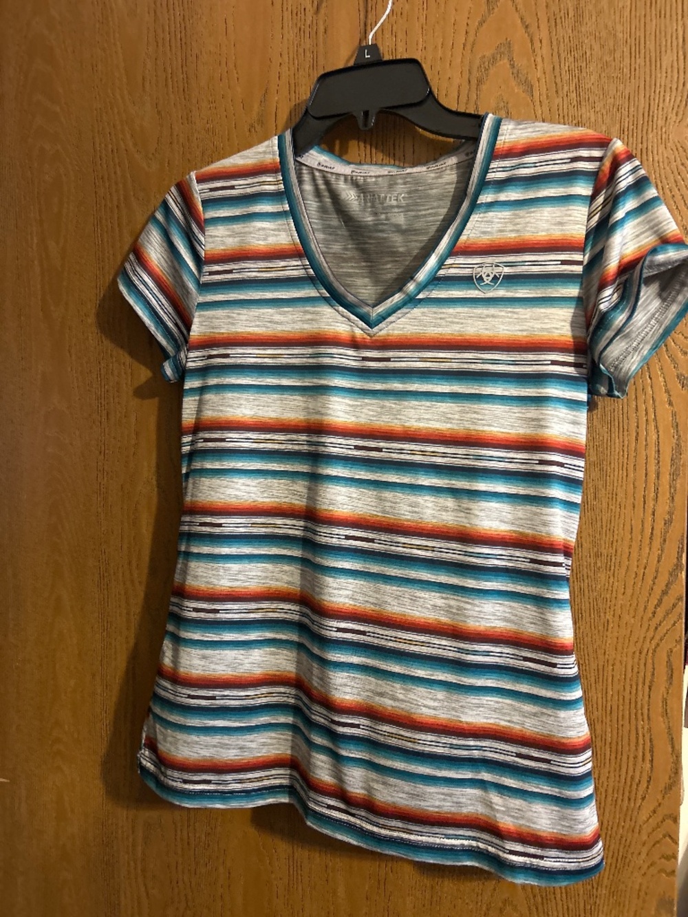Ariat Womens Striped V-Neck Top in Teal, Orange, Gray
